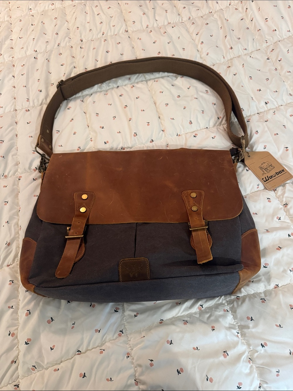 Canvas Messenger Bag with Leather Flap and trim- Brown and Charcoal